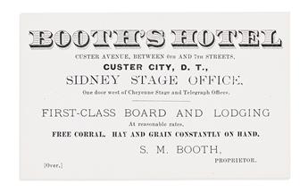 (WEST--DAKOTA TERRITORY.) Card for a Custer City hotel and ticket office for the “Sidney Short Route" stagecoach to Deadwood.